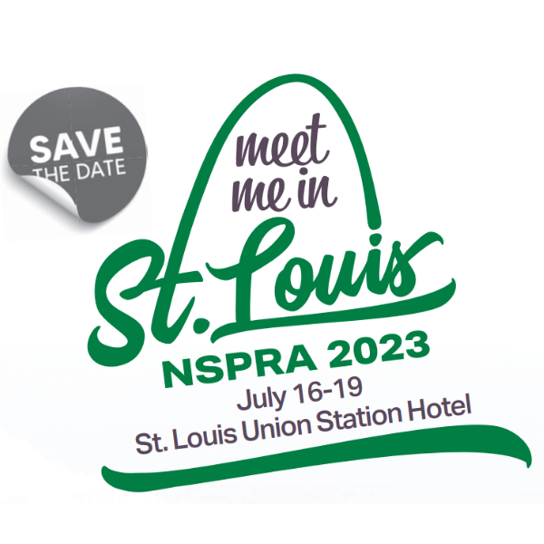 Graphic design of text that reads "Save the Date. Meet me in St. Louis." with an arch incorporated into the design.